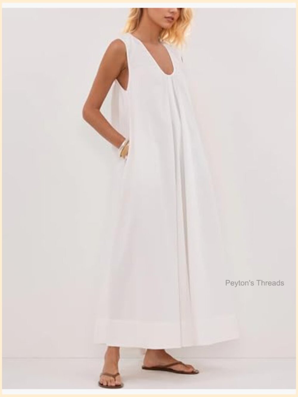 Sleeveless Scoop Neck Maxi Dress Ruched Wide Shoulder Beach Vacation - Picture 3 of 7
